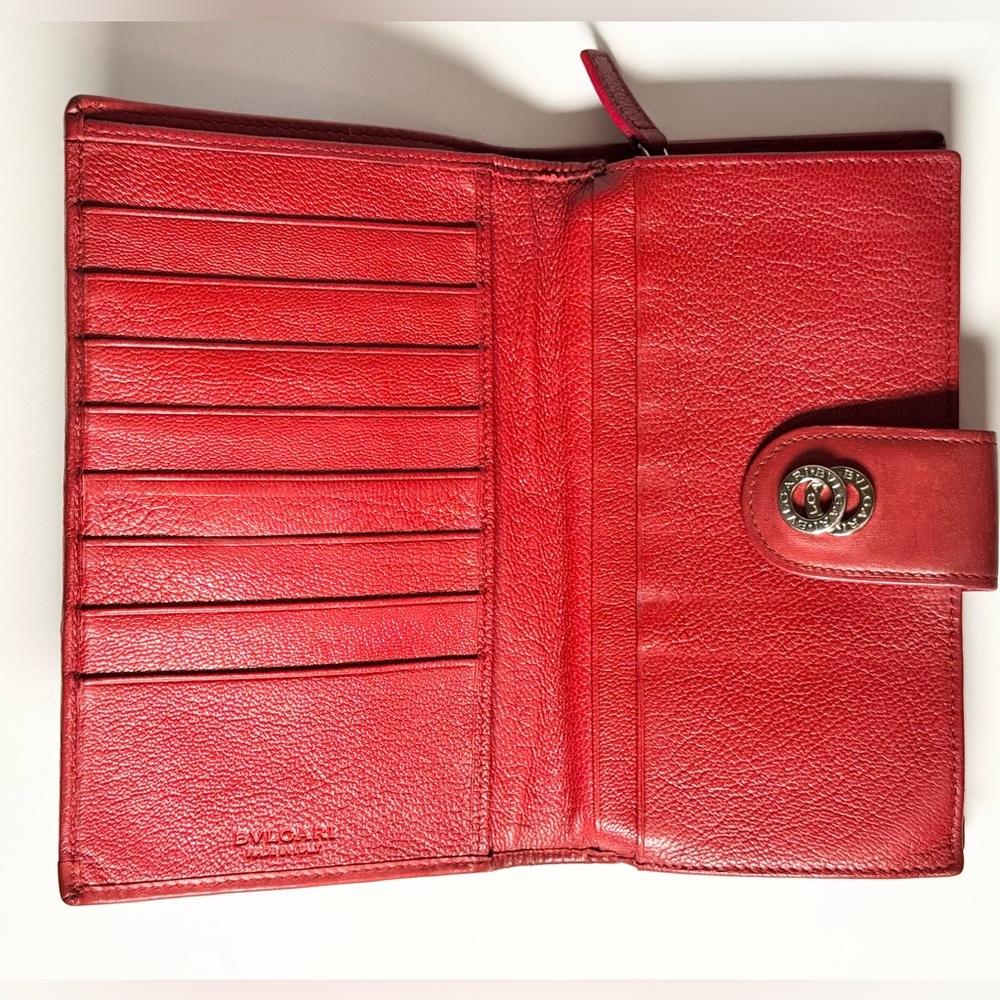 BVLGARI Doppio tondo Authentic Red Silver Leather Wallet